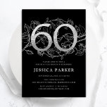 Elegant Silver Black 60th Birthday Invitation<br><div class="desc">Elegant silver black 60th birthday party invitation. Customizable modern feminine design featuring roses botanical accents and faux glitter silver. Simple floral invite card perfect for a stylish female bday celebration. Personalize with your own details. Printed Zazzle invitations or instant download digital printable template.</div>