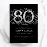 Elegant Silver Black 80th Birthday Invitation<br><div class="desc">Elegant silver black 80th birthday party invitation. Customizable modern feminine design featuring roses botanical accents and faux glitter silver. Simple floral invite card perfect for a stylish female bday celebration. Personalize with your own details. Printed Zazzle invitations or instant download digital printable template.</div>