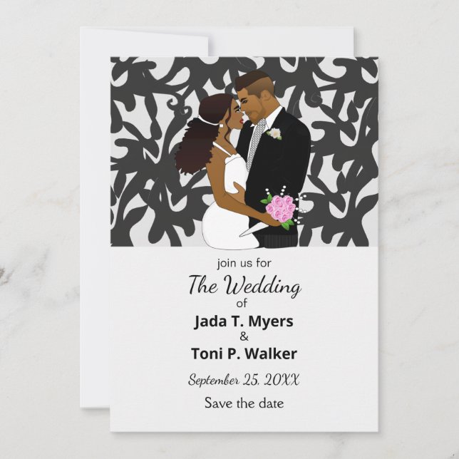 Elegant Silver & Black African American Wedding  Invitation (Front)