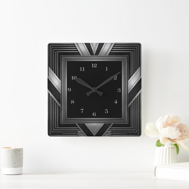 Elegant Silver Black Art Deco Square Wall Clock (Home)