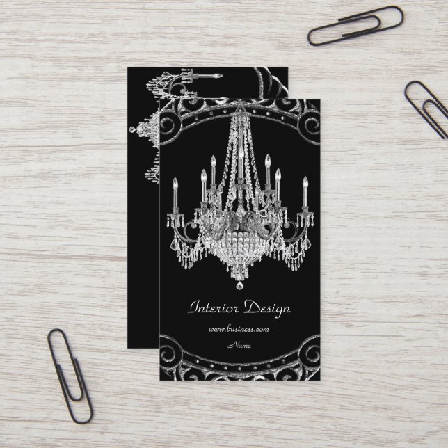 Elegant Silver Black Chandelier Interior Design Business Card (Front/Back In Situ)