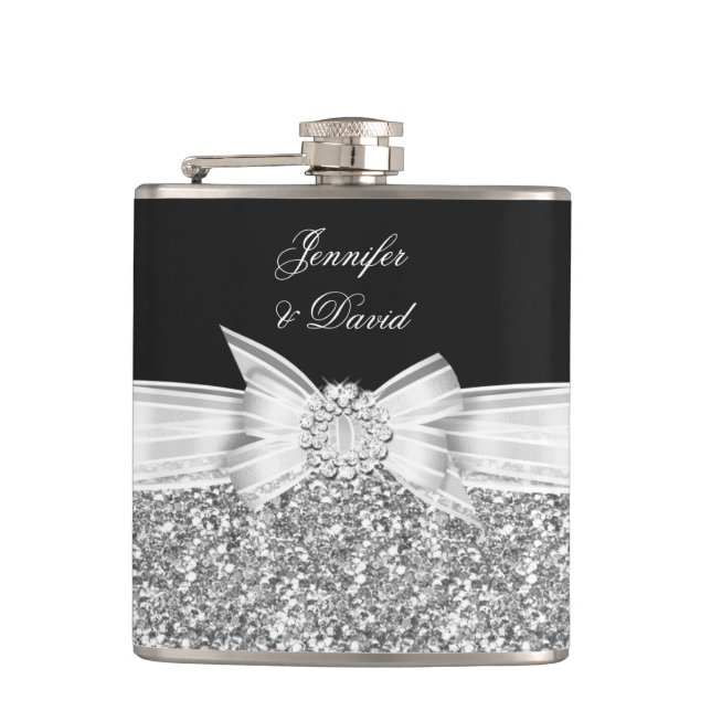 Elegant Silver Black Diamond Wedding Engagement Hip Flask (Front)