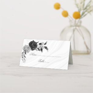 elegant silver & black flowers place card