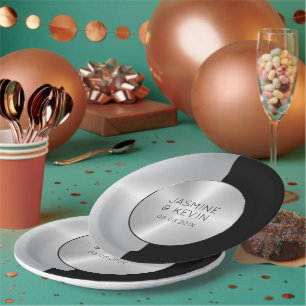 Elegant Silver & Black Geometric Design Paper Plate