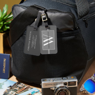 Elegant silver Black monogrammed Name Personalized Luggage Tag