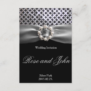 Elegant Silver Black Pearl Ribbon Wedding Card