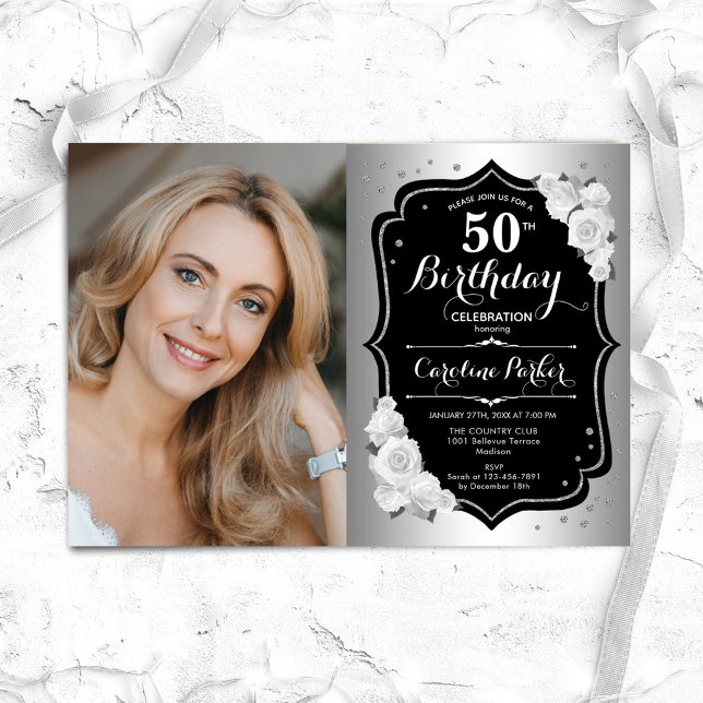 Elegant Silver Black Photo 50th Birthday Invitation (Creator Uploaded)