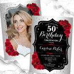 Elegant Silver Black Red Photo 50th Birthday Invitation<br><div class="desc">Elegant floral feminine 50th birthday invitation with your photo at the back of the card. Glam design with faux silver. Features red roses, script font and confetti. Perfect for a stylish adult bday celebration party. Personalise with your own details. Can be customised for any age! Printed Zazzle invitations or instant...</div>