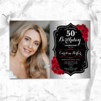 Elegant Silver Black Red Roses Photo 50th Birthday