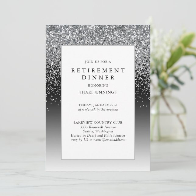 Elegant Silver Black Retirement Party Invitation (Standing Front)