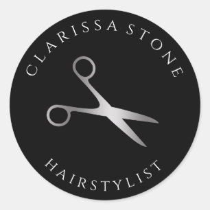 Elegant silver & black scissors hairstylist classic round sticker