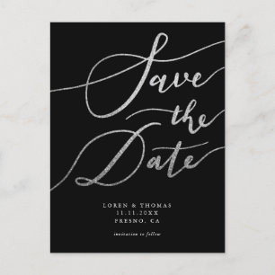 Elegant Silver Black Script Wedding Save The Date Announcement Postcard