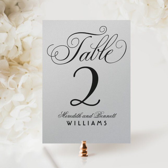 Elegant Silver Black Script Wedding Table Number (Creator Uploaded)