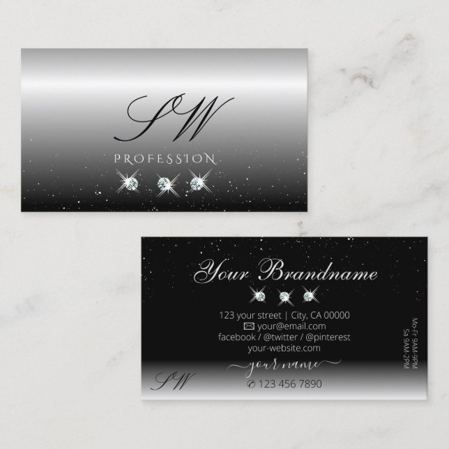 Elegant Silver Black Sparkling Diamonds Monogram Business Card (Front/Back)