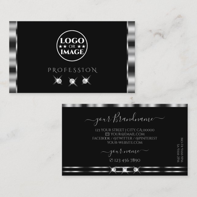 Elegant Silver Black Sparkling Diamonds with Logo Business Card (Front/Back)