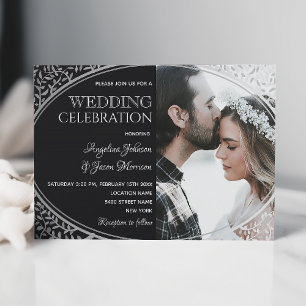 Elegant Silver Black Wedding Invitation with Photo
