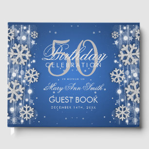 Elegant Silver Blue 50th Birthday Winter Glitter Guest Book