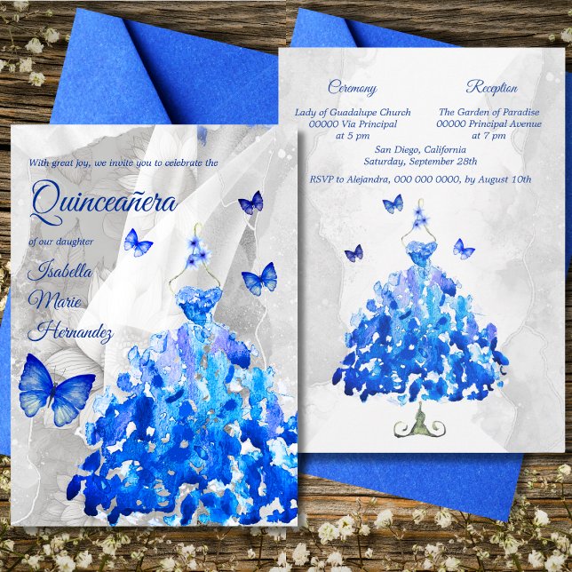 Elegant Silver & Blue Butterflies Quinceañera Invitation (Creator Uploaded)