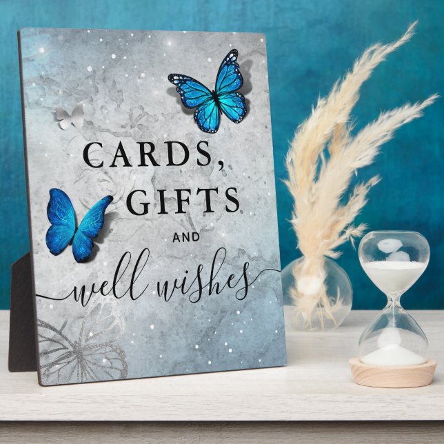 Elegant Silver Blue Butterfly Cards and Gifts Sign Plaque (Side)