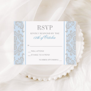 Elegant Silver Blue Damask Baby Boy Baptism RSVP Card