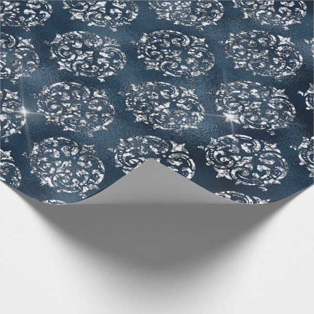 Elegant  Silver Blue Damask Christmas Holiday Wrapping Paper (Corner)