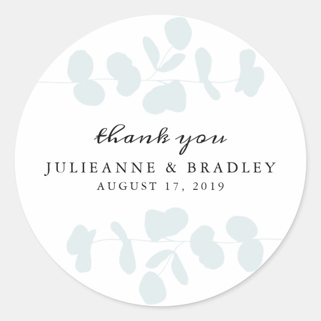 Elegant Silver Blue Eucalyptus Modern Wedding Classic Round Sticker (Front)
