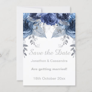 ELEGANT SILVER BLUE FLORAL BLUE SAVE THE DATE
