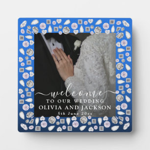 Elegant Silver Blue Heart Diamond Glitter Wedding  Plaque