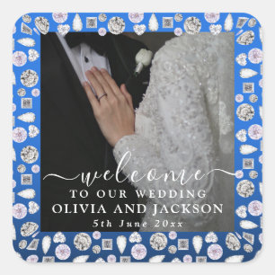 Elegant Silver Blue Heart Diamond Glitter Wedding Square Sticker