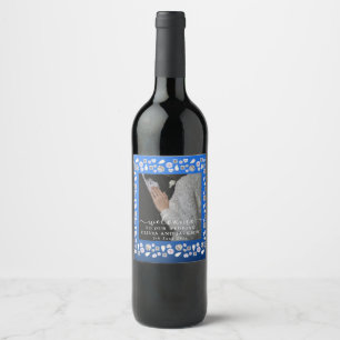 Elegant Silver Blue Heart Diamond Glitter Wedding  Wine Label