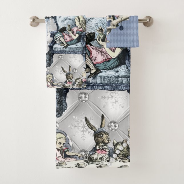 Elegant Silver Blue Ice Alice in Wonderland Bath Towel Set (Insitu)