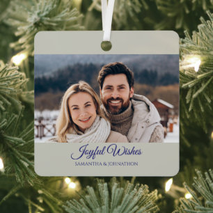 Elegant Silver Blue Joyful Wishes Photo Metal Ornament