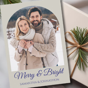 Elegant Silver Blue Merry and Bright Photo Holiday Card