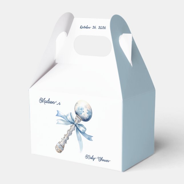 Elegant Silver Blue Rattle Bow Baby Shower Favor Box (Front Side)