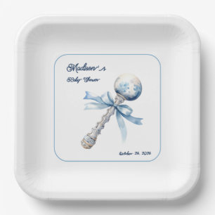 Elegant Silver Blue Rattle Bow Baby Shower Paper Plate