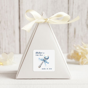 Elegant Silver Blue Rattle Bow Baby Shower Square Sticker