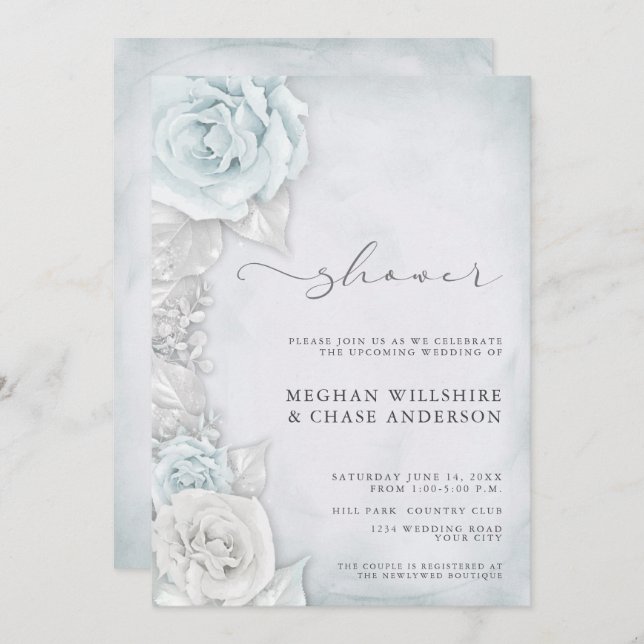 Elegant Silver Blue Roses Wedding Shower Invitation (Front/Back)