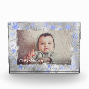 Elegant silver blue snowflakes custom photo