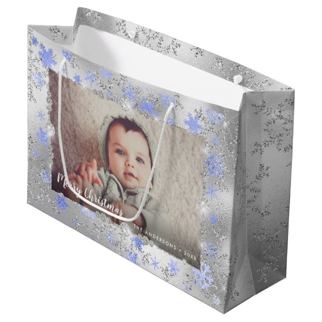 Elegant silver blue snowflakes custom photo large gift bag (Front Angled)
