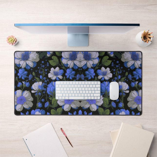 Elegant silver blue white elegant retro florals desk mat (Office 1)