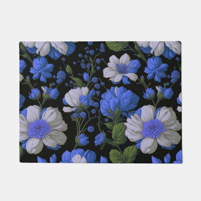 Elegant silver blue white elegant retro florals doormat (Front)