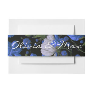 Elegant silver blue white elegant retro florals  invitation belly band