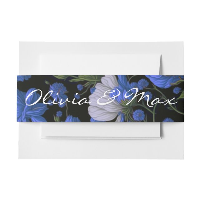Elegant silver blue white elegant retro florals  invitation belly band (Front Example)