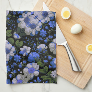 Elegant silver blue white elegant retro florals kitchen towel