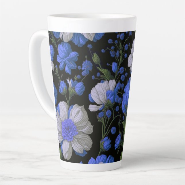 Elegant silver blue white elegant retro florals latte mug (Left Angle)