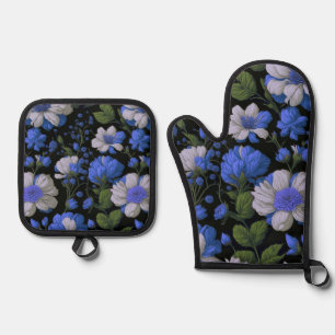 Elegant silver blue white elegant retro florals oven mitt & pot holder set