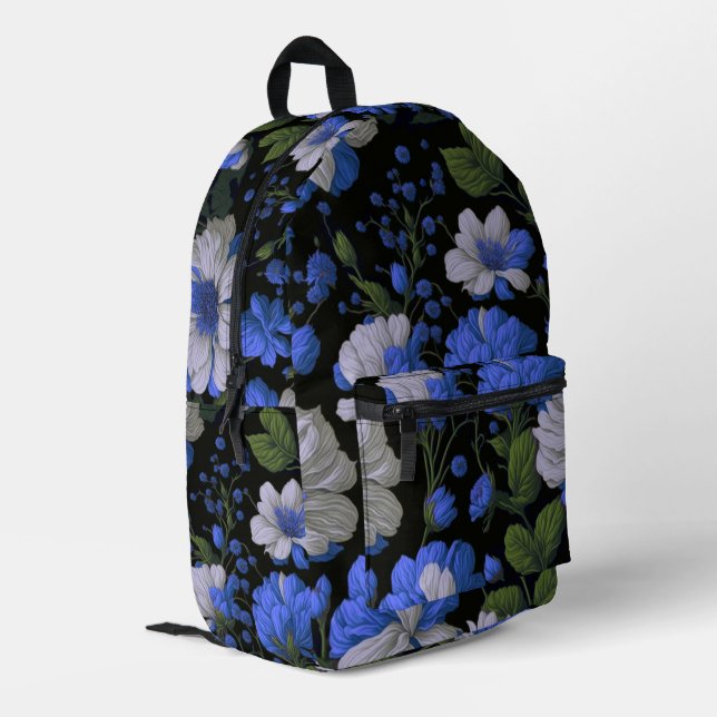 Elegant silver blue white elegant retro florals printed backpack (Back Corner Left)