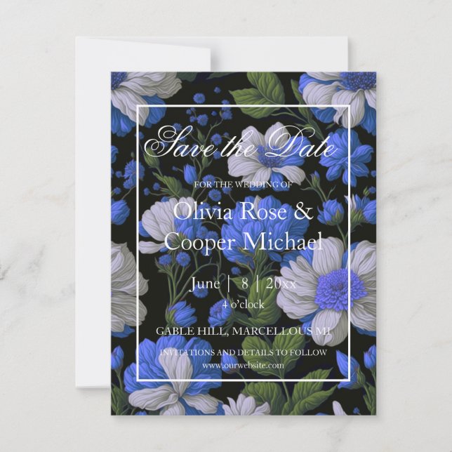 Elegant silver blue white elegant retro florals  save the date (Front)