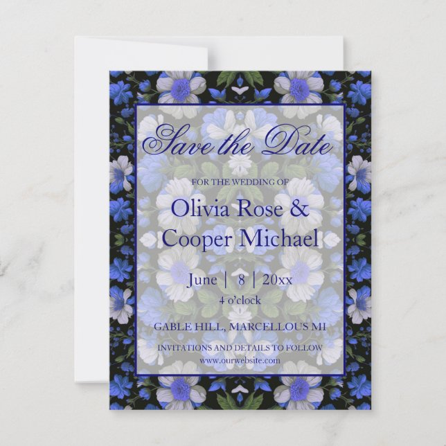 Elegant silver blue white elegant retro florals  save the date (Front)