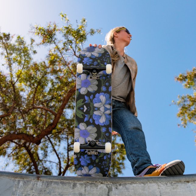 Elegant silver blue white elegant retro florals skateboard (Outdoor 1)